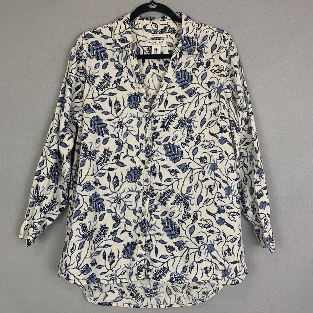 Rachel Zoe 100% Linen Blue White Floral Button Down Shirt Blouse Top Medium